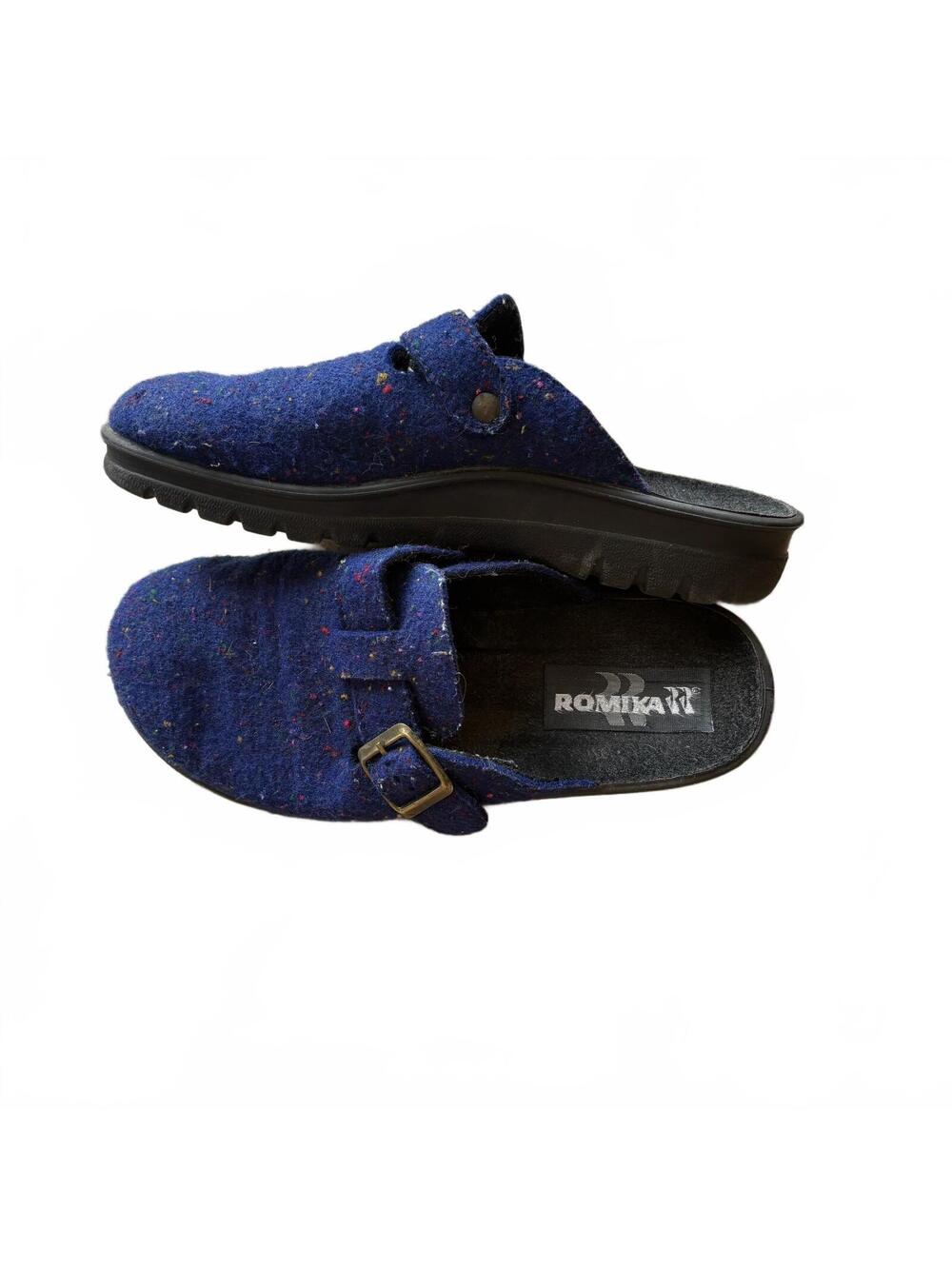 Romika (Josef Seibel) Blue Wool Felt Flecked Buckle Clog Mules Size 39 (US 8)